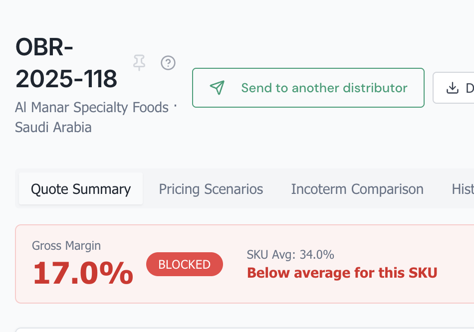 XportStack quote showing margin blocked below the floor